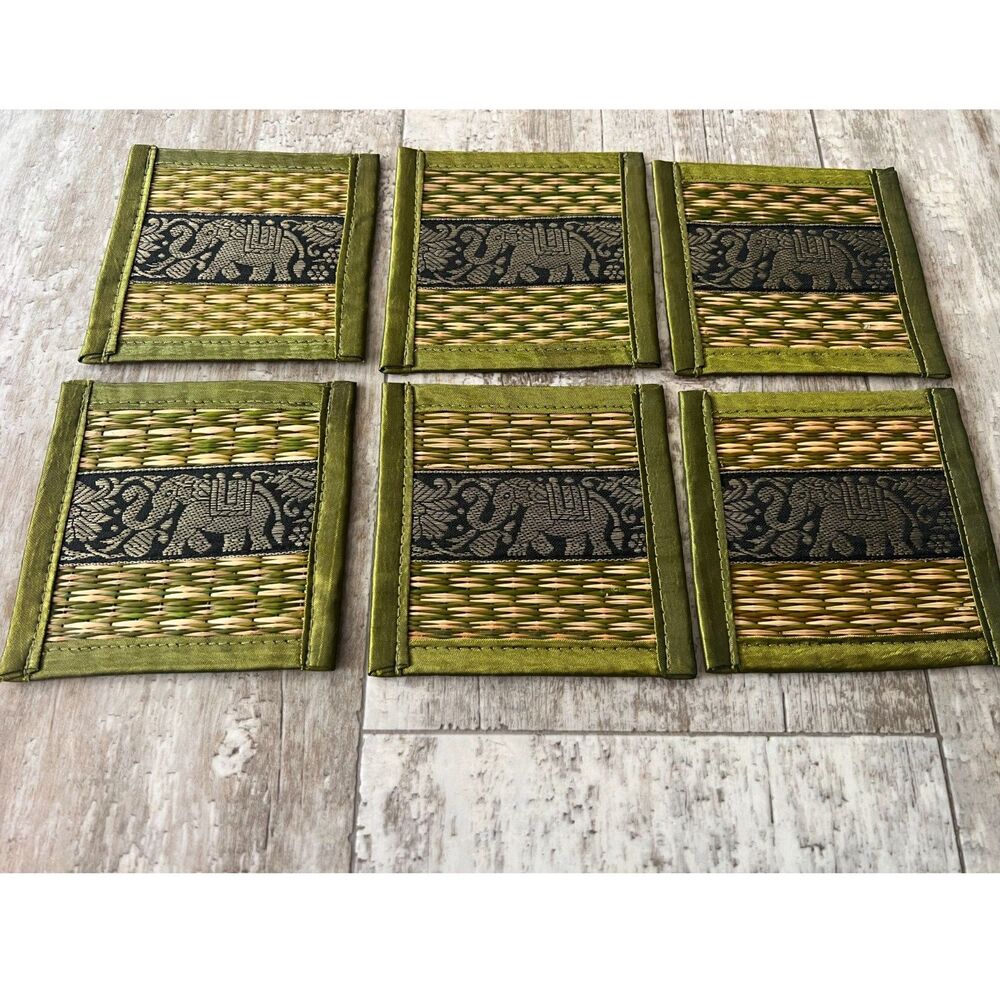 Set of 6 Thai Handmade Reed & Silk Coaster Woven Grass with Elephant Motif
